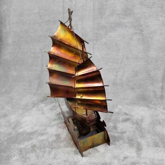 Vintage Copper Art Musical Kinetic Sailing Ship Plays Beyond the Reef Music - Picture 6 of 16